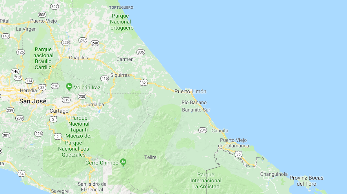 Karte von Costa Ricas Karibikküste | © Google Maps